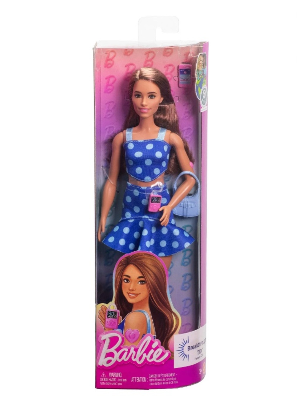 Barbie Fashionistas Doll# 242. Type 1 Diabetes in a blue polka dot outfit.